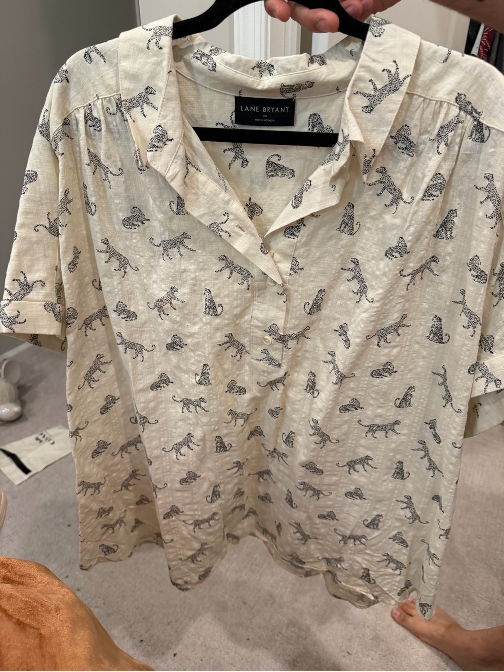 Lane Bryant Cream Button-Up Blouse with Black Leopard Print